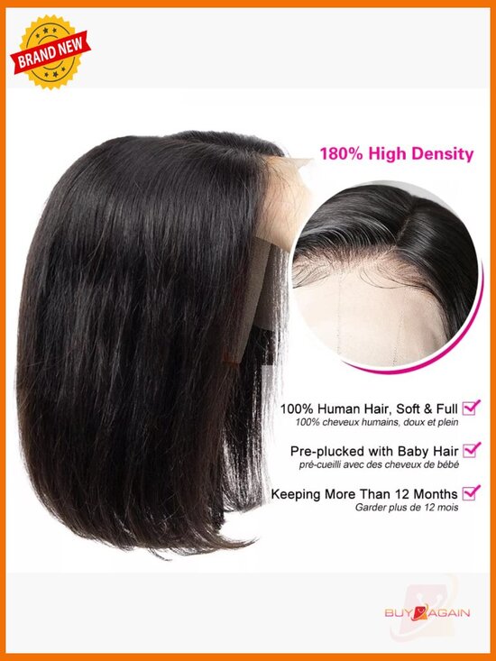13x4 Lace Front Bob Wig Human Hair 180% Density Pre Plucked Straight main image 4